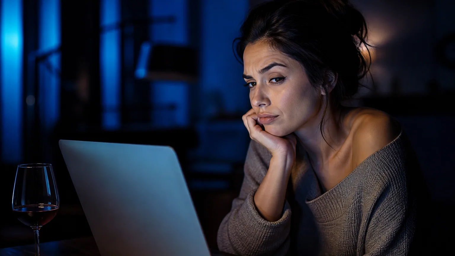 A woman at a laptop late at night, chin in hand, looking sceptically at the screen