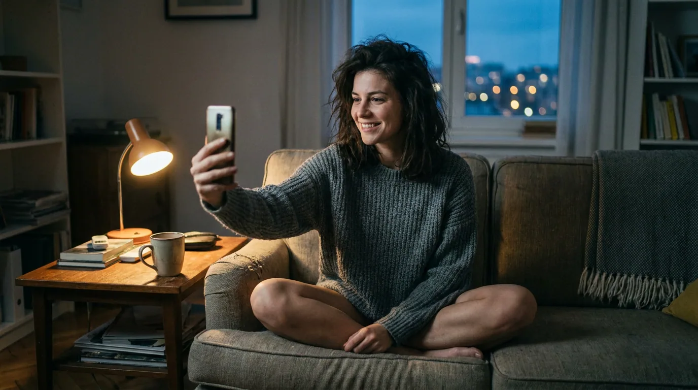 A woman in a grey sweater on a sofa at night, smiling as she takes a selfie with her phone