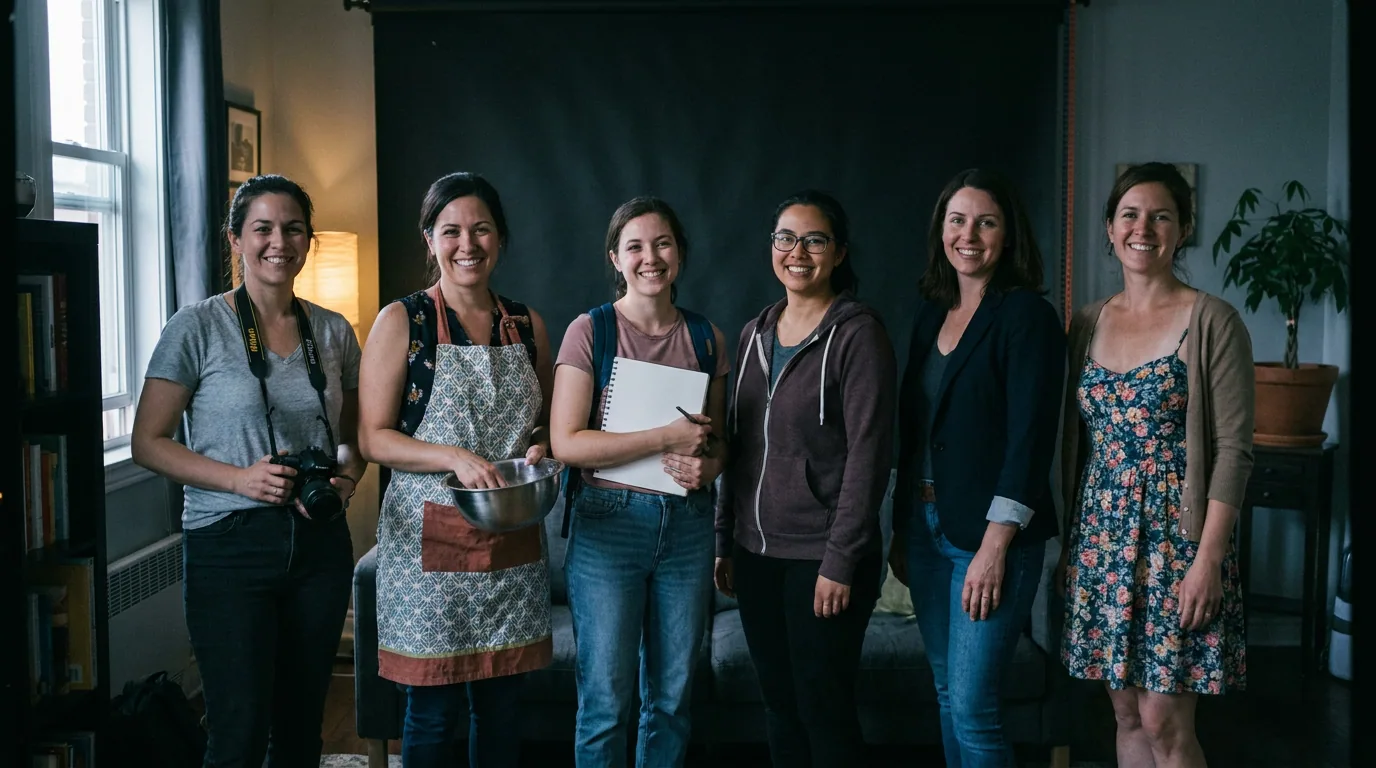 Six smiling women standing in a row in an apartment: a photographer, a cook in an apron, a student with a notebook, a woman in a hoodie, one in a blazer and one in a floral dress