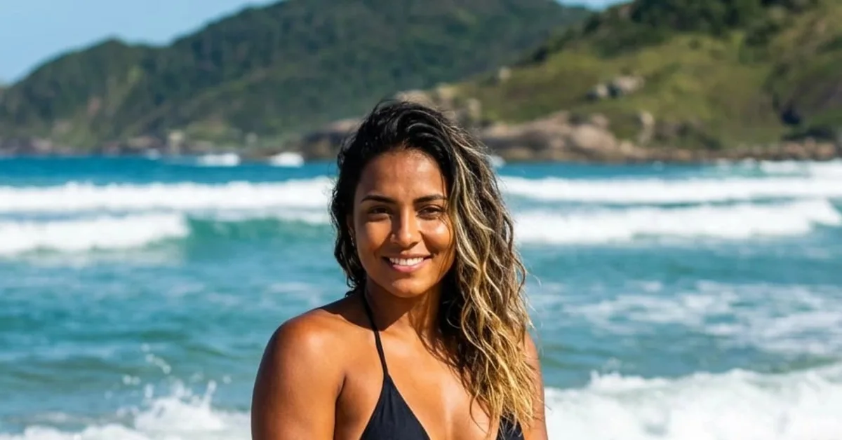 Smiling woman in a black bikini top standing in the surf on a beach with green hills behind her
