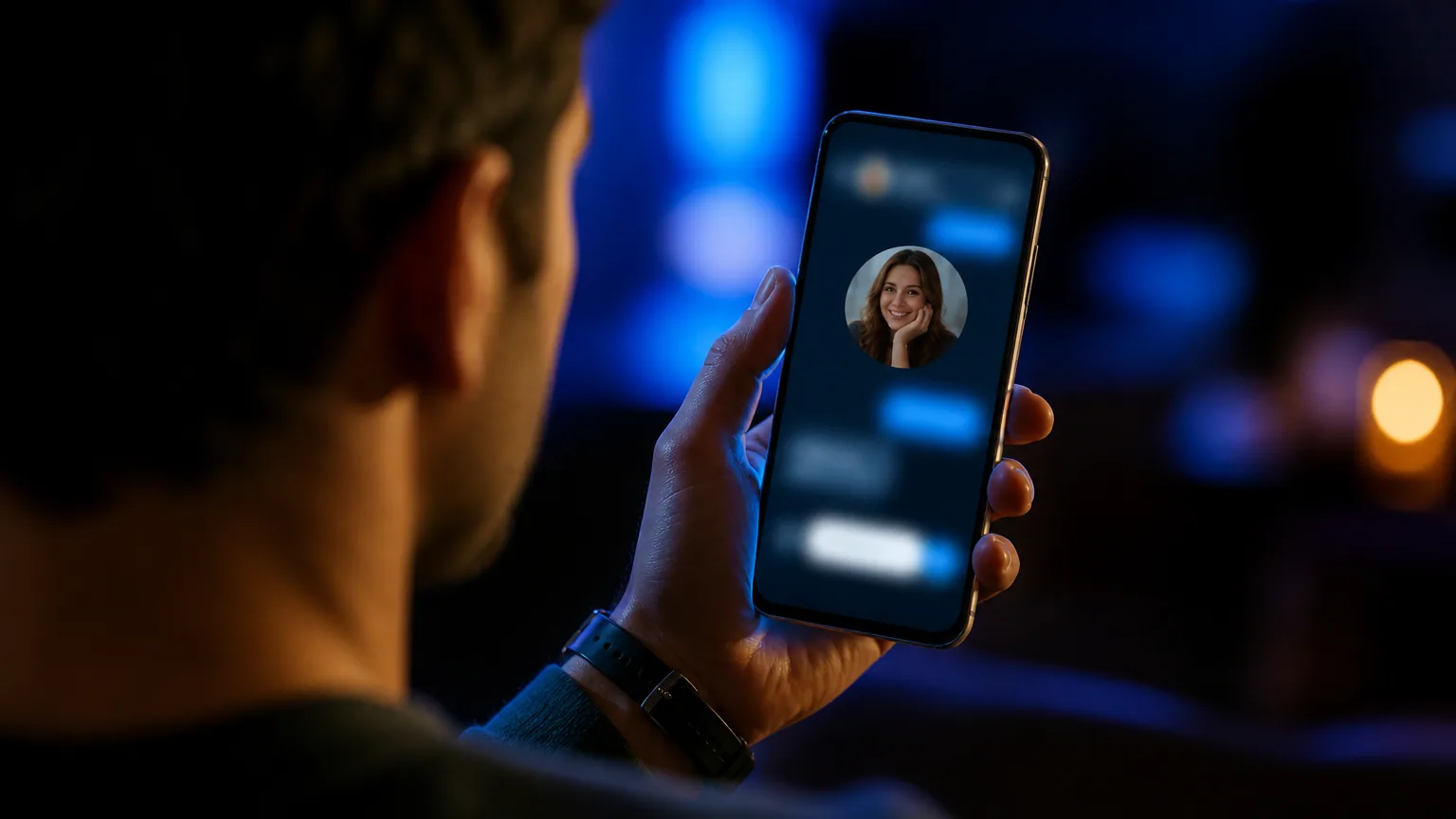 Over-the-shoulder view of a man holding a phone with a chat open and a woman's profile picture