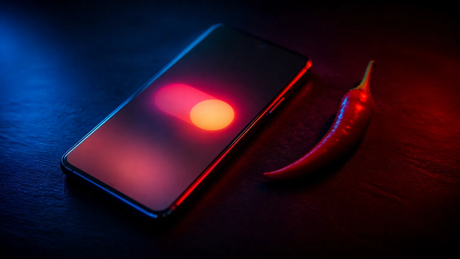 A phone showing a glowing toggle switch next to a red chili pepper on a dark table