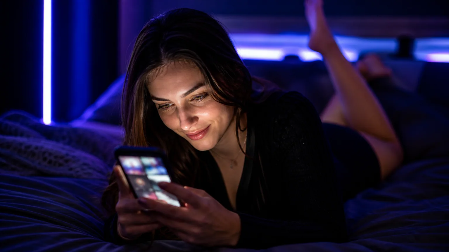 A woman lying on a bed in a blue-lit bedroom, smiling at a phone screen full of video thumbnails