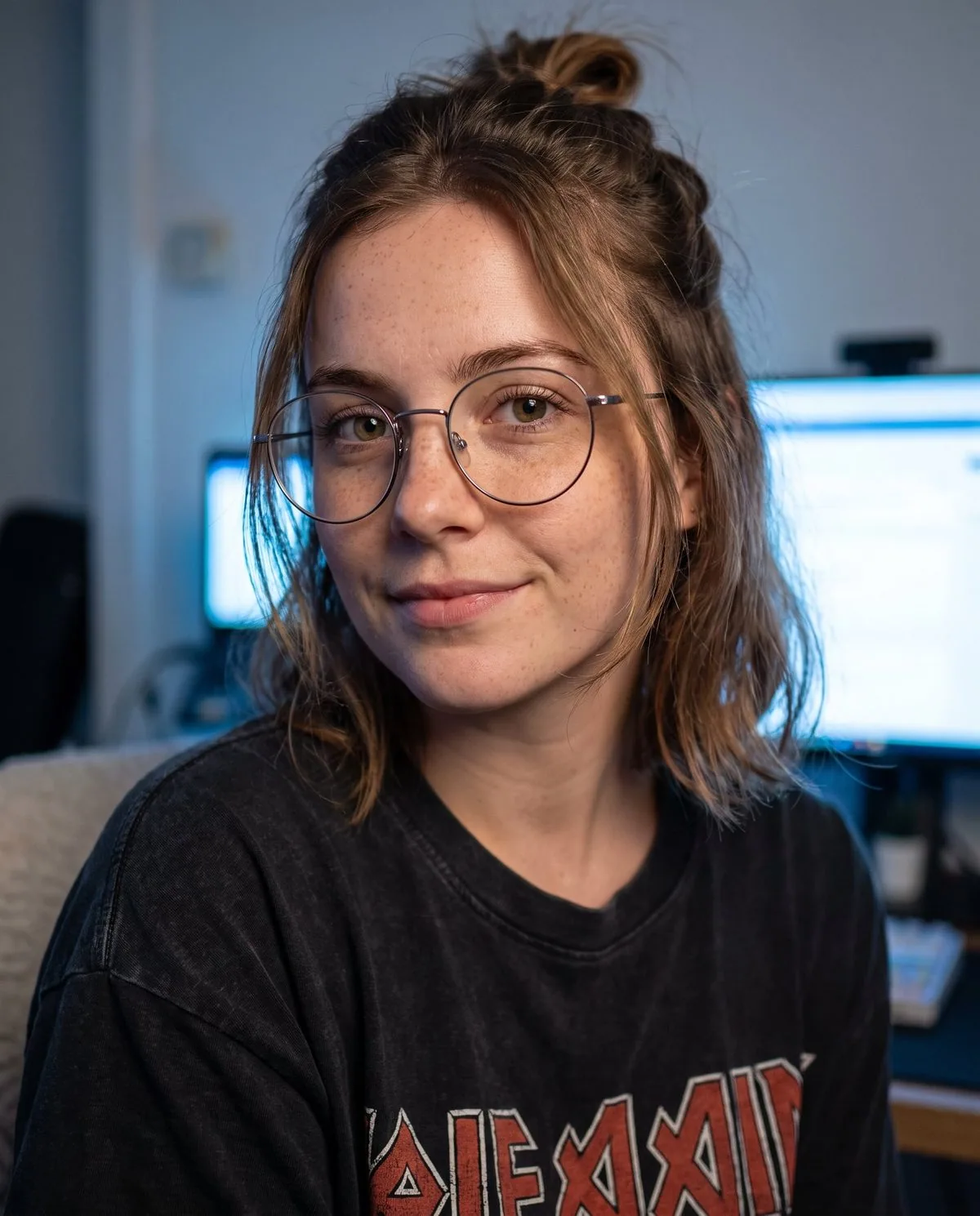 Wren, an adult AI character, in round glasses and a dark band T-shirt, sitting in front of two monitors