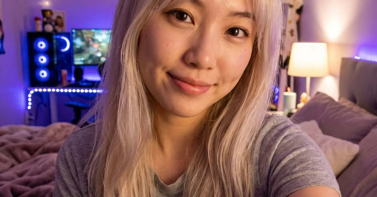 Smiling woman with long light hair taking a selfie in a bedroom lit with purple lights