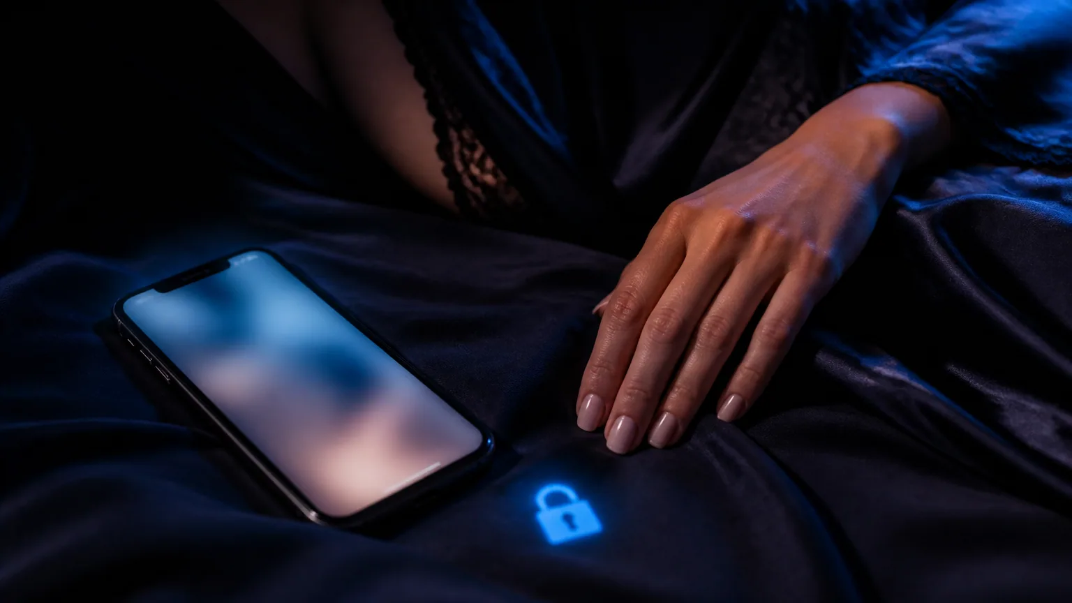 A phone with a blurred screen lying on dark silk sheets next to a glowing padlock symbol