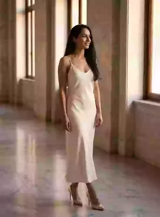 Yasmin, an adult AI character, standing in a satin slip dress beside a tall sunlit window