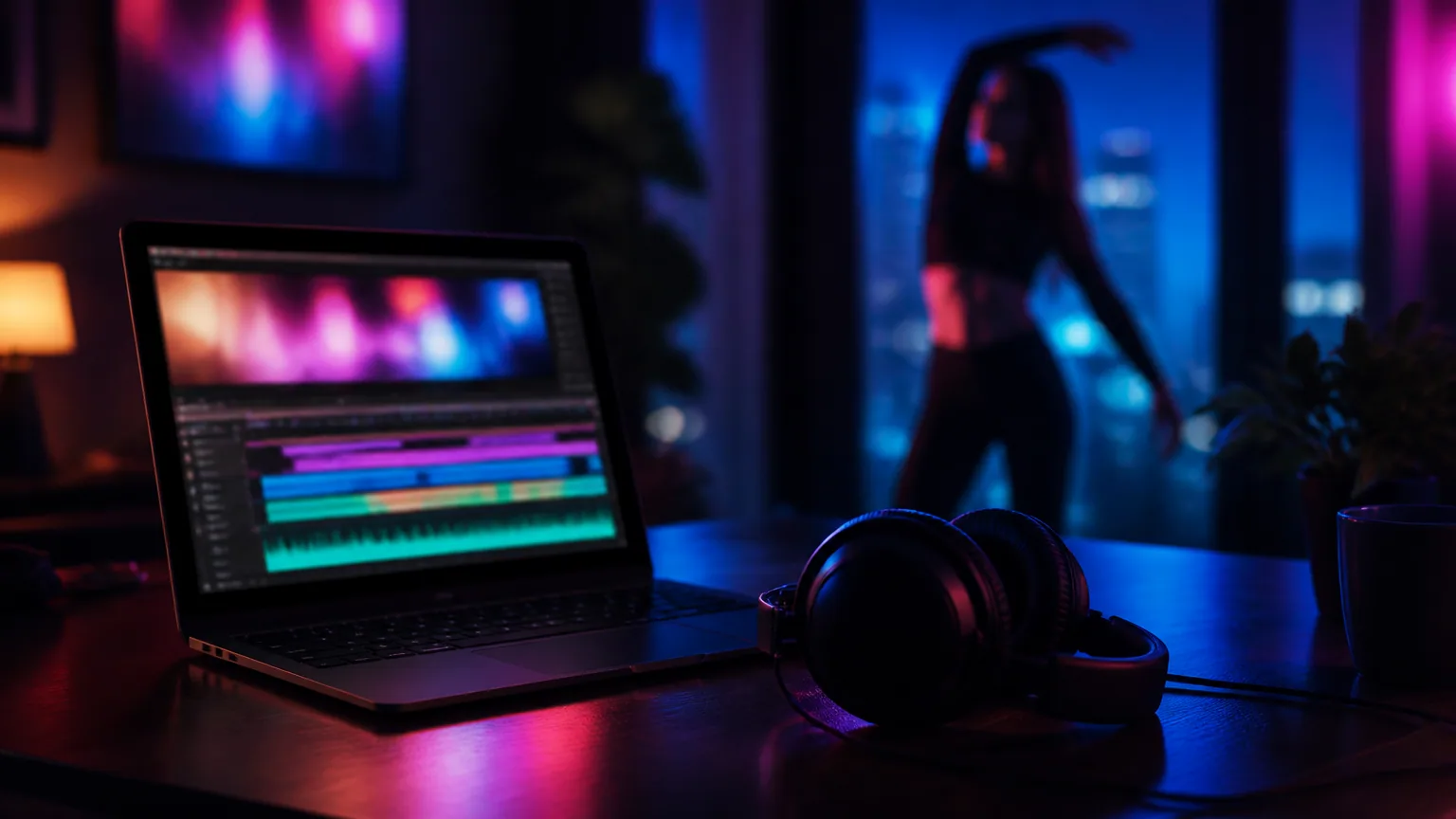 A laptop showing a video timeline and audio waveform next to headphones, with a woman dancing in the background