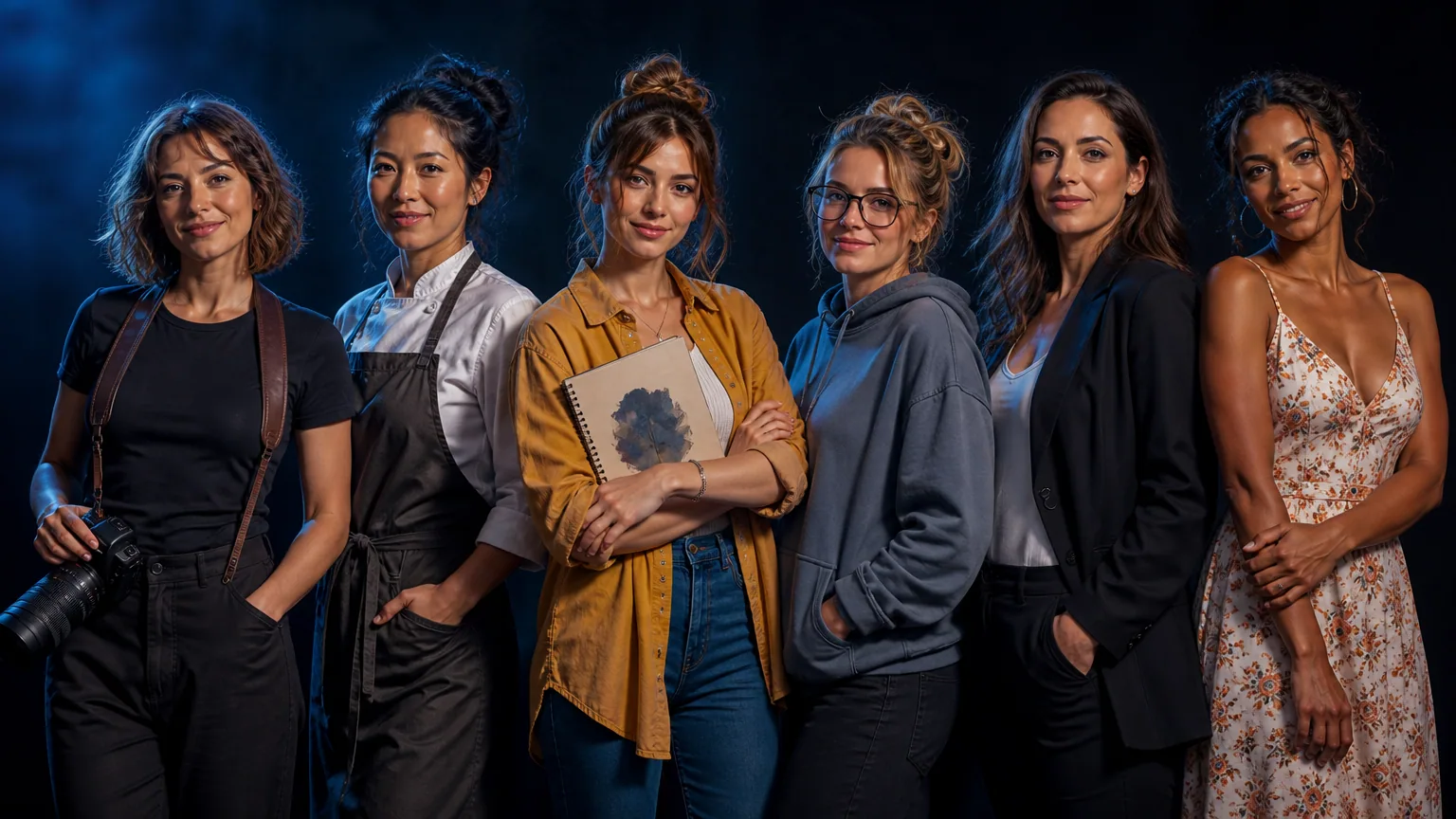 Six different women standing in a row: a photographer, a chef, a student, a woman in a hoodie, one in a blazer and one in a sundress