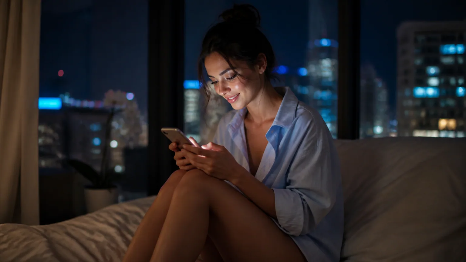A woman in an oversized shirt smiling as she types on her phone by a night-time city window