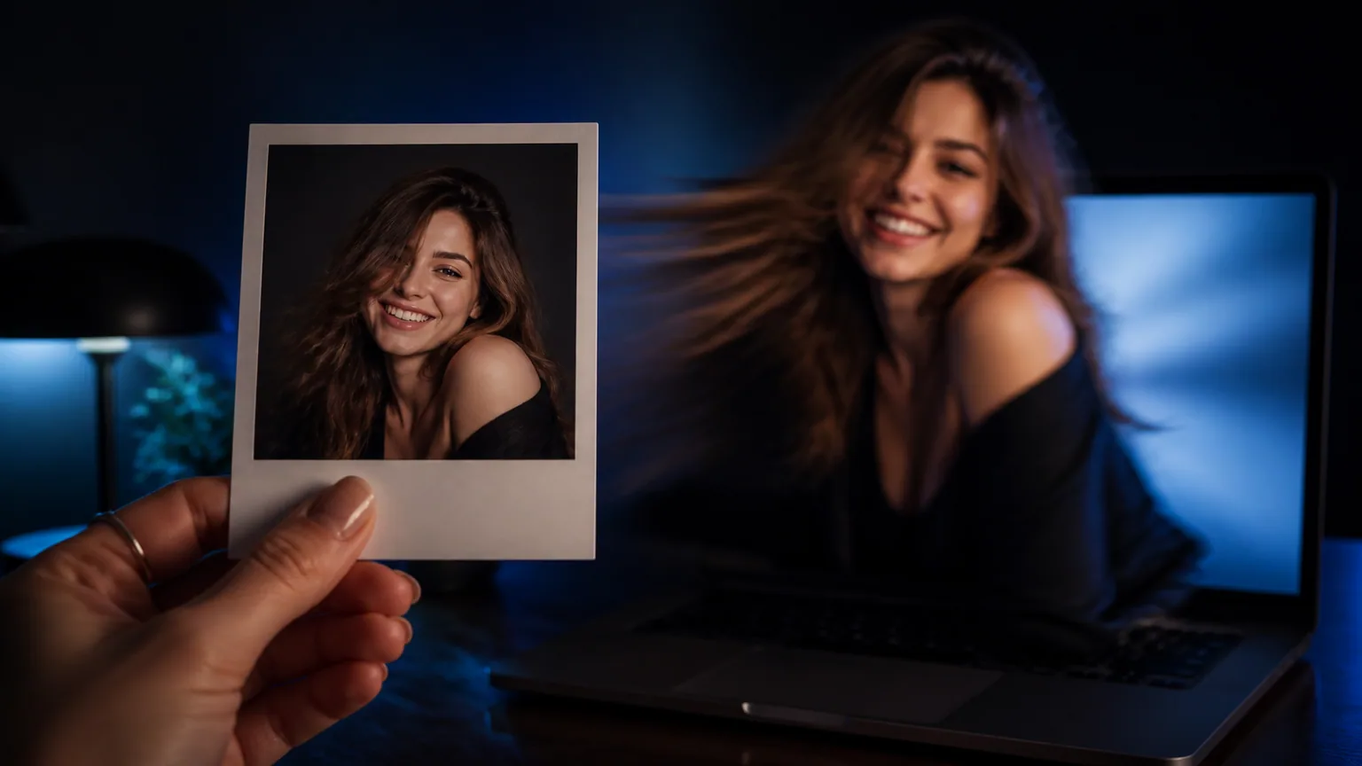 A hand holding an instant photo of a smiling woman while the same woman moves on a laptop screen behind it