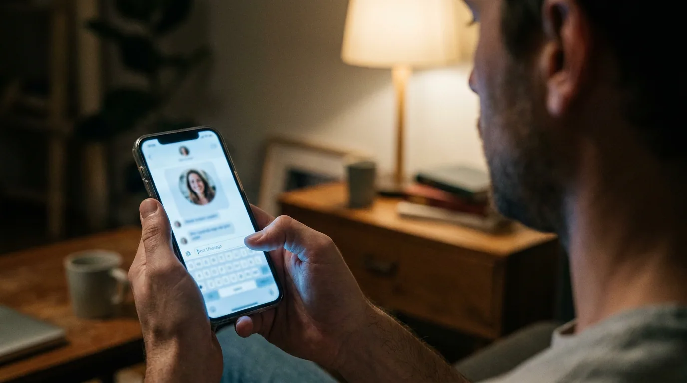 Over-the-shoulder view of a man holding a phone with a chat open and a woman's profile picture at the top