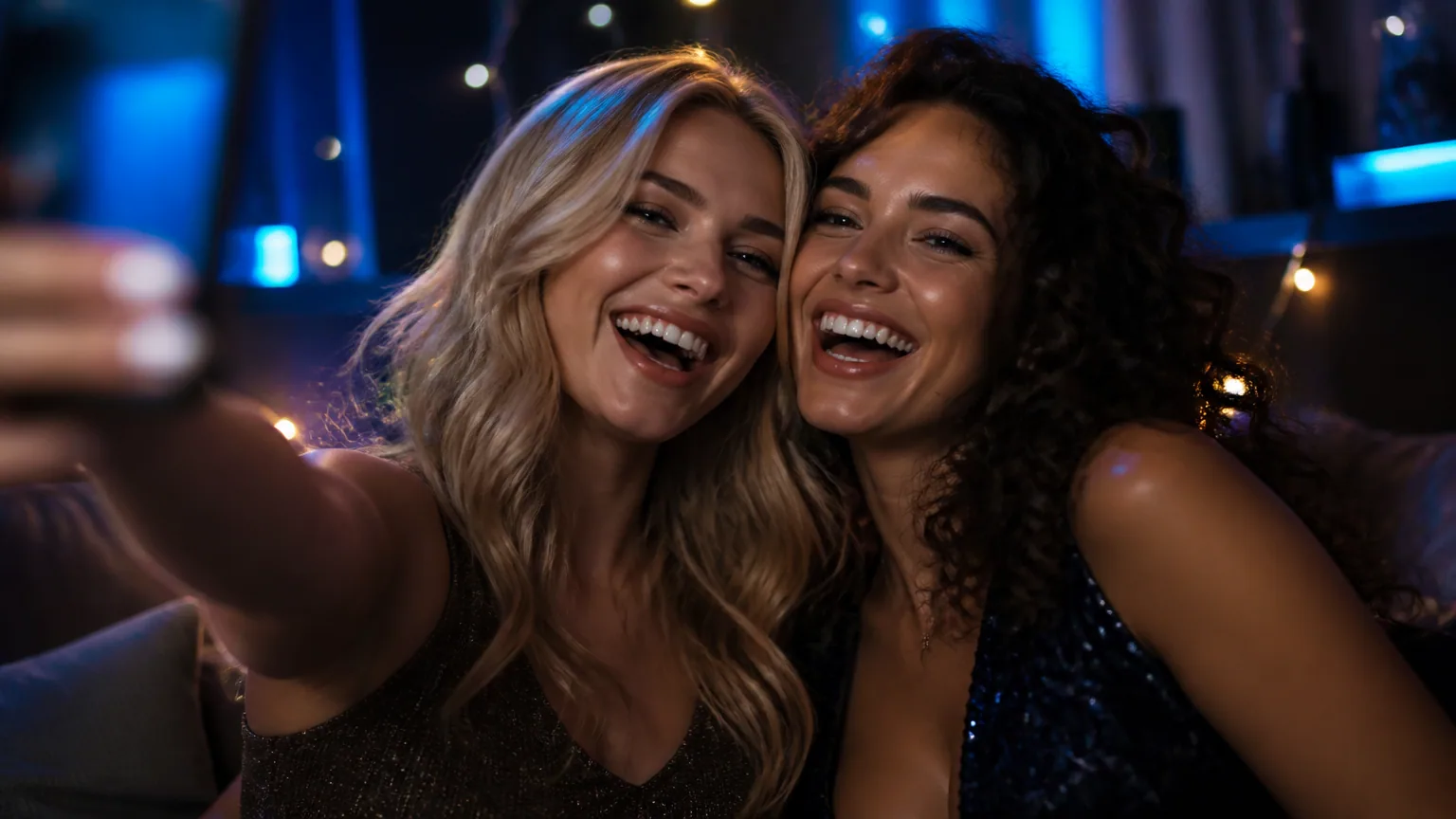 Two laughing women, one blonde and one with curly dark hair, taking a selfie together at night