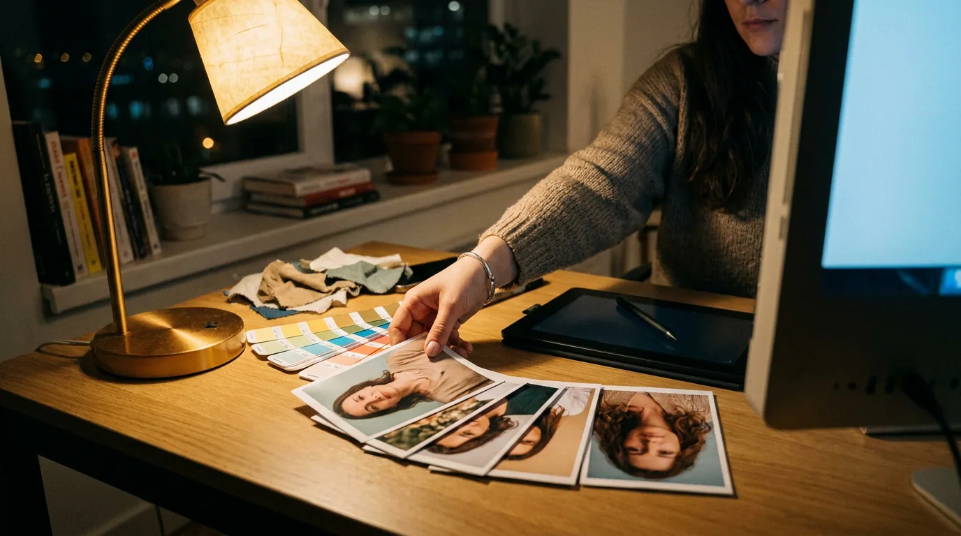 A woman arranging printed portrait photos and colour swatches on a desk under a lamp, next to a drawing tablet