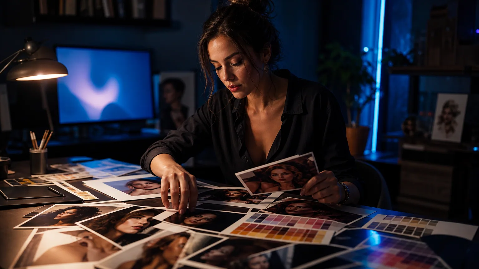 A woman arranging printed portrait photos and colour swatches into a mood board at a desk